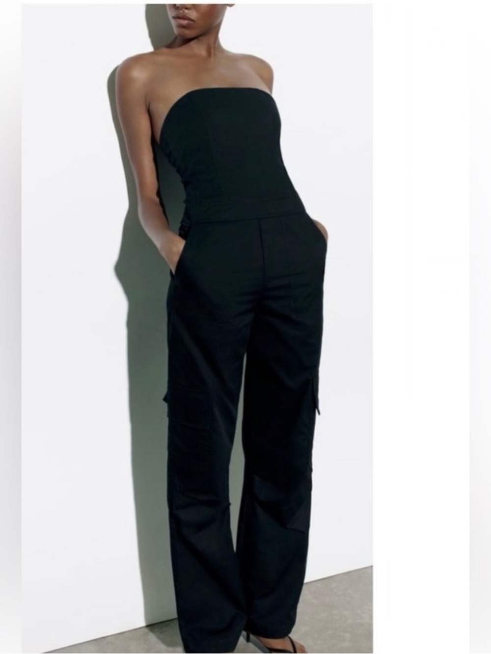 Zara Black Strapless Cargo Jumpsuit Black Size Small